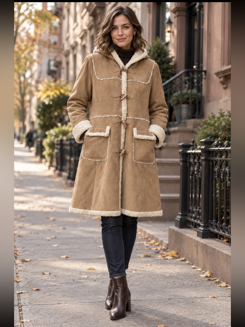26. Jones New York Camel Faux Suede Hooded Toggle Coat Size M